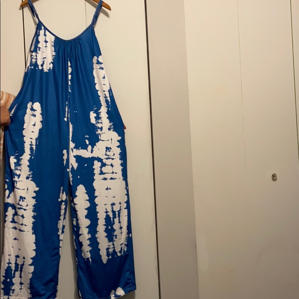 Blue and white tie dye pants romper